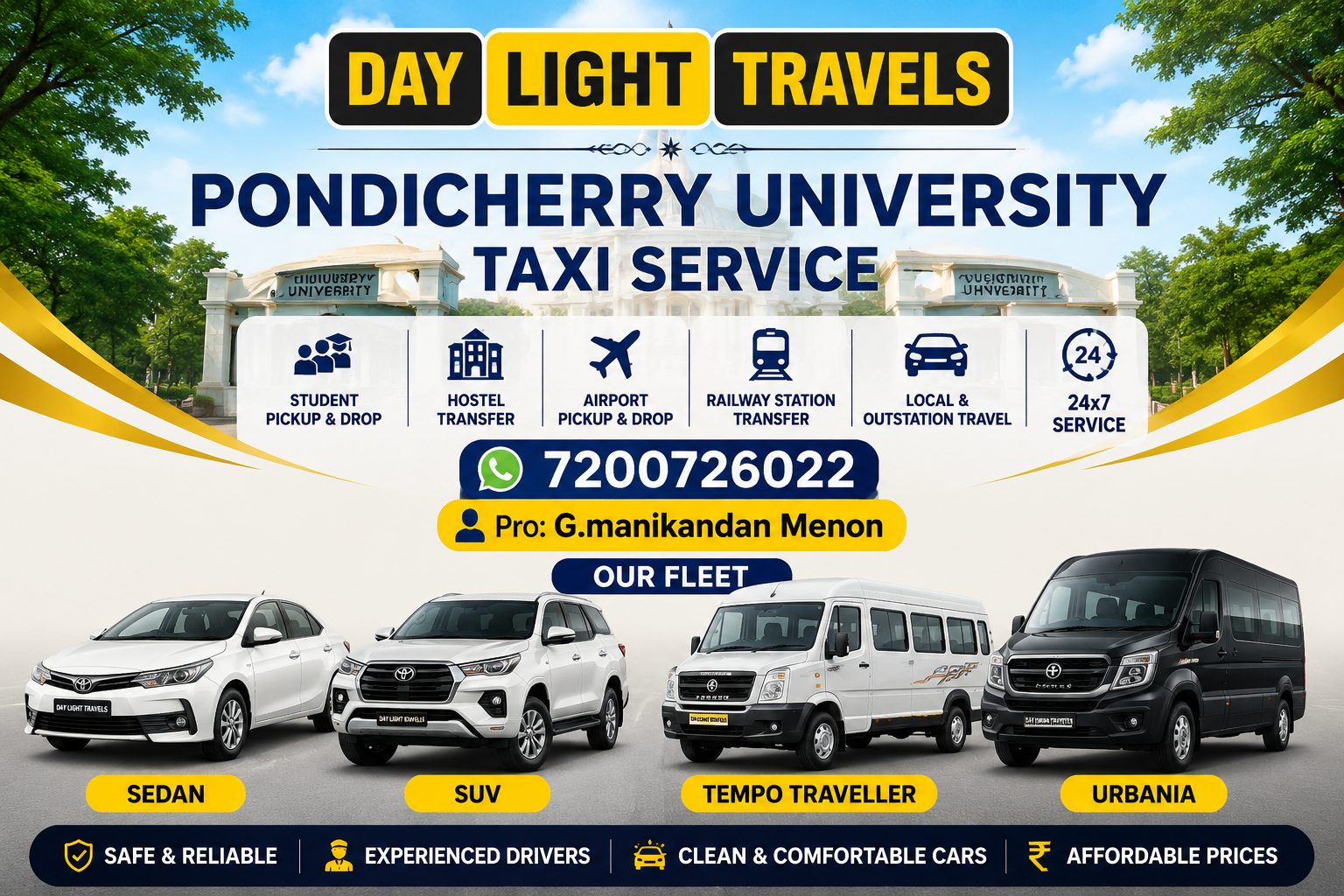 Pondicherry University Taxi Service Day Light Travels